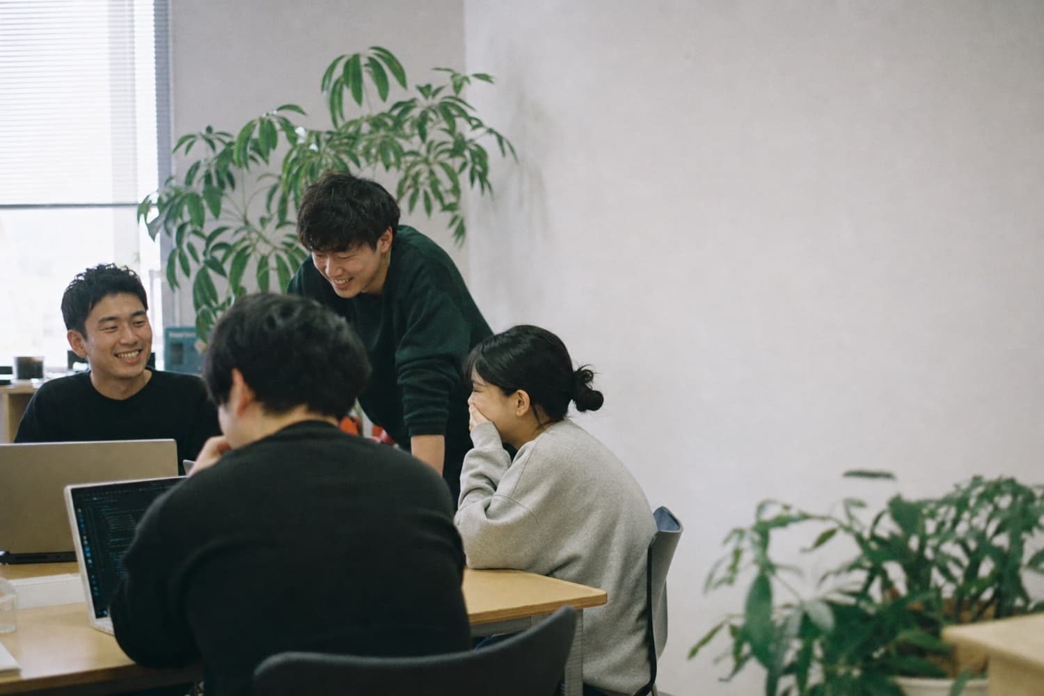 Team members laughing as they talk things through in the office